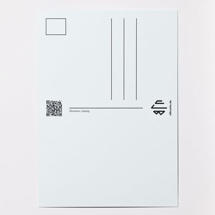 Rückseite der elbracho Postkarte 'Dinolove, Leipzig' mit Adressfeld und QR-Code