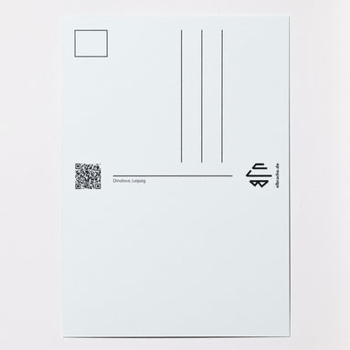 Rückseite der elbracho Postkarte 'Dinolove, Leipzig' mit Adressfeld und QR-Code