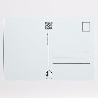 Stadt / Sprayer, Leipzig – Kartenrückseite der elbracho Postkarte mit Adressfeld und QR-Code