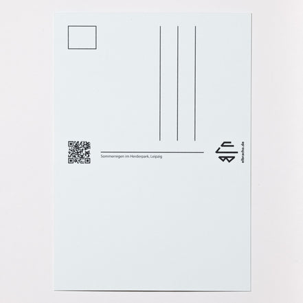 Rückseite der elbracho Postkarte 'Herderpark, Leipzig' mit Adressfeld und QR-Code