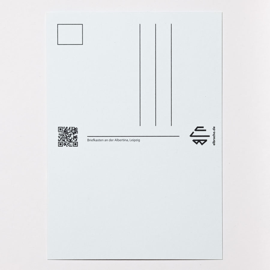 Rückseite der elbracho Postkarte 'Briefkasten (nur Liebesbriefe), Leipzig' mit Adressfeld und QR-Code