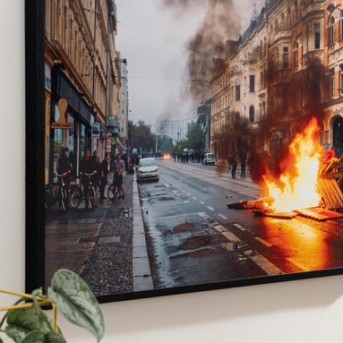 Brennende Barrikaden – Unikat als Antifa- und Streetart-Fotokunst aus Leipzig, elbracho